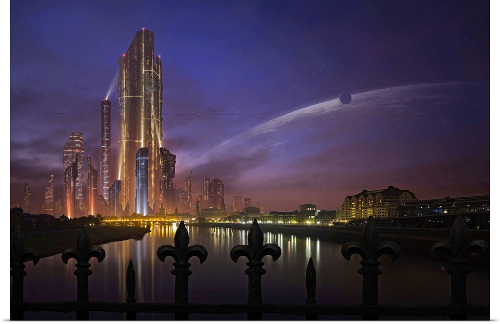 A futuristic city on an extraterrestrial planet in the morning.