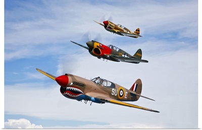 A group of P-40 Warhawks fly in formation near Nampa, Idaho