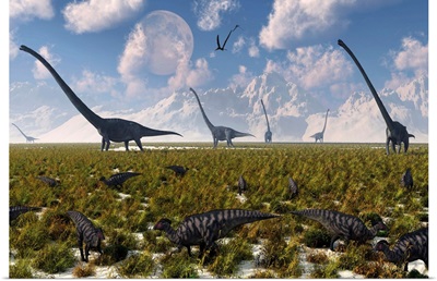 A group of sauropod and hadrosaur dinosaur herds grazing