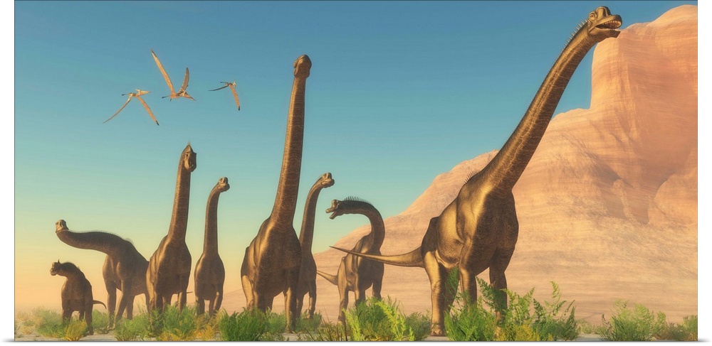 A herd of Brachiosaurus travel near a canyon mountain.