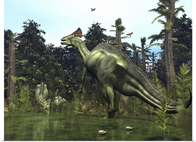 A Lambeosaurus rears onto its hind legs in response to a threat