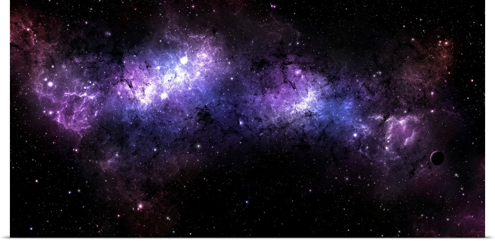 Long horizontal canvas of a nebula in outer space with stars sprinkled throughout.