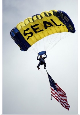 A member of the US Navy Parachute Team descend through the sky with the American flag