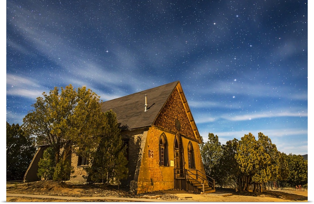 January 27, 2015 - A moonlit nightscape of the historic Hearst Church in Pinos Altos, New Mexico, at 7000 feet altitude (t...