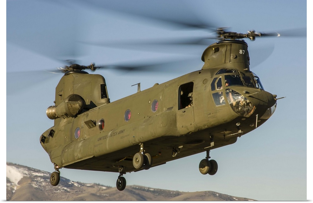 A Nevada National Guard CH-47 Chinook helicopter takes off from Reno, Nevada.