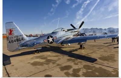 A P-51 Mustang parked on the ramp at Nellis Air Force Base, Nevada