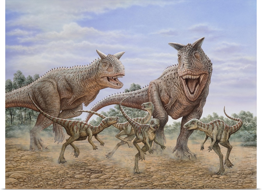 A pair of Carnotaurus dinosaurs chasing a group of Gasparinisaura.