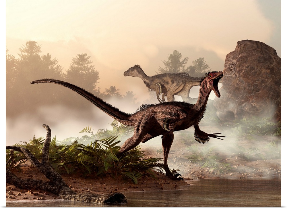 A pair of velociraptors patrol the shore of an ancient lake looking for their next meal.