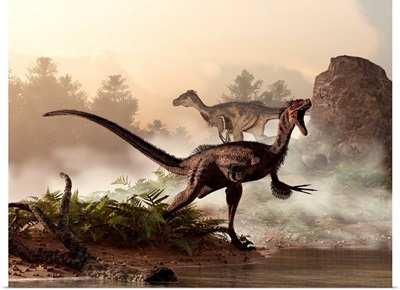 A pair of velociraptors patrol the shore of an ancient lake