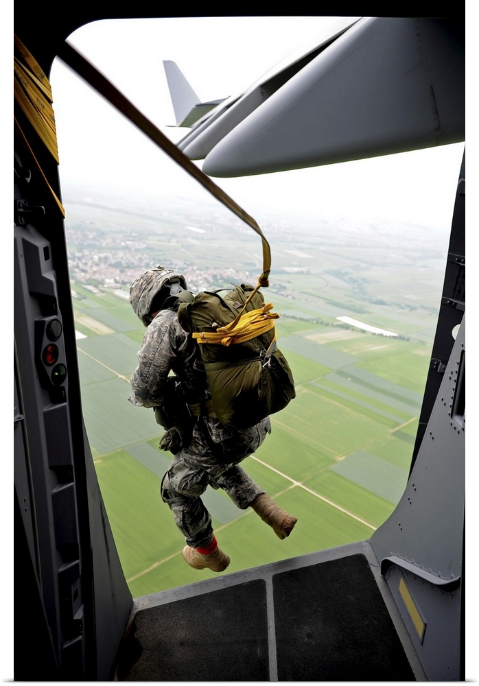 June 14, 2010 - A paratrooper executes an airborne jump out of a C-17 Globemaster III over the drop zone in Alzey, Germany.