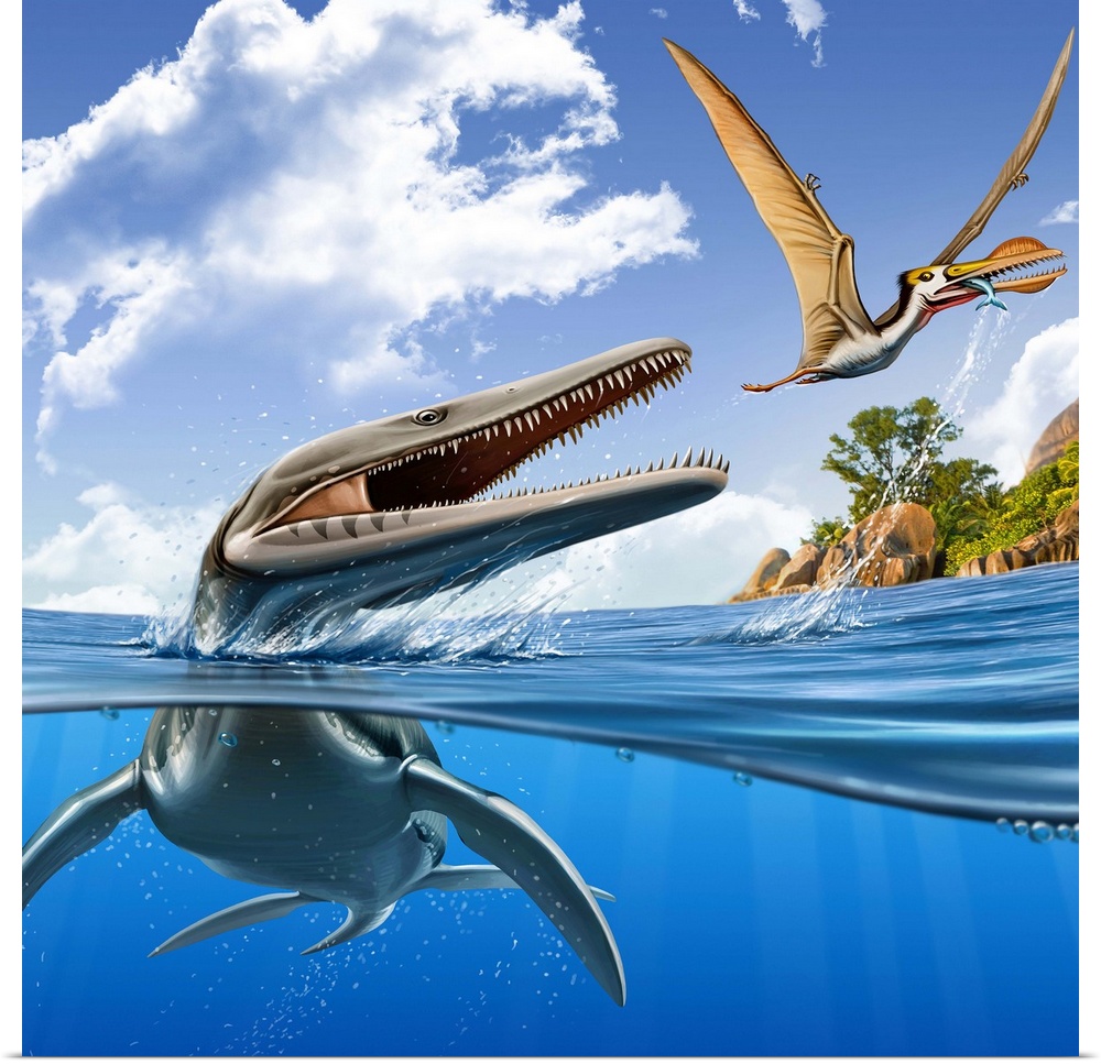 A Plesiopleurodon jumps out of the water, attacking an Ornithocheirus.