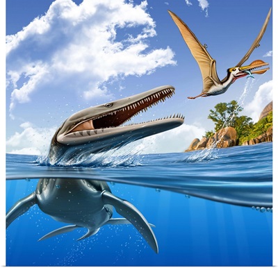A Plesiopleurodon jumps out of the water, attacking an Ornithocheirus