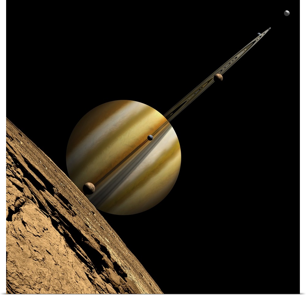 An artist's depiction of a ringed gas giant planet with six moons.