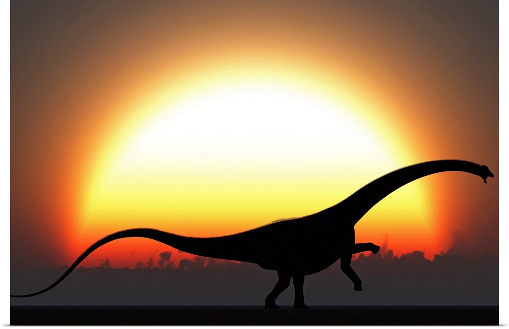 A silhouetted Diplodocus dinosaur takes a defensive stance as danger approaches at the start of a prehistoric day.