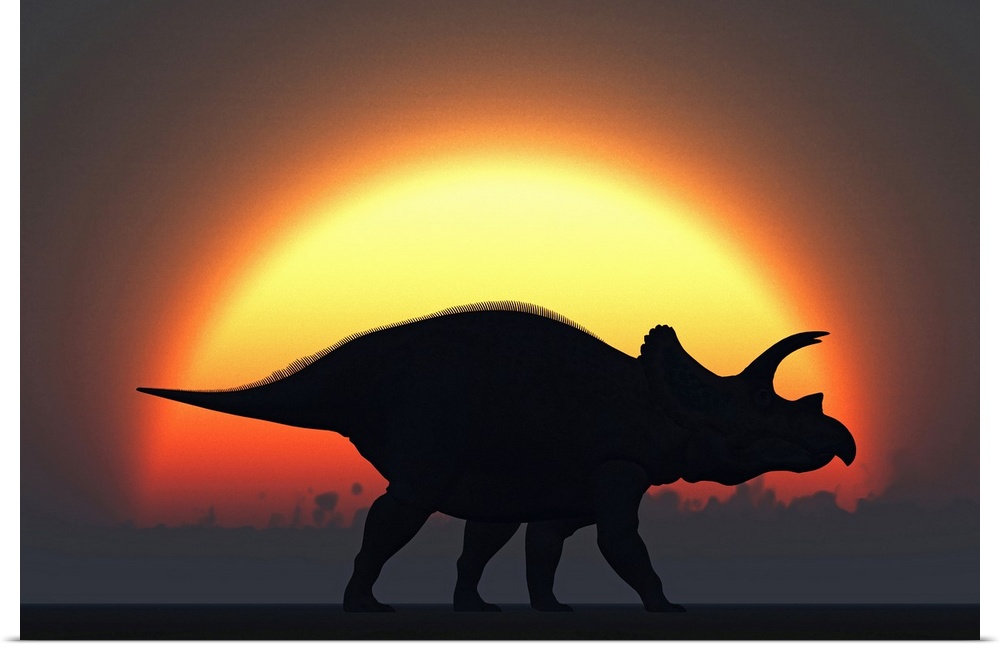 A silhouetted Triceratops strolling past a setting Sun at the end of a prehistoric day.