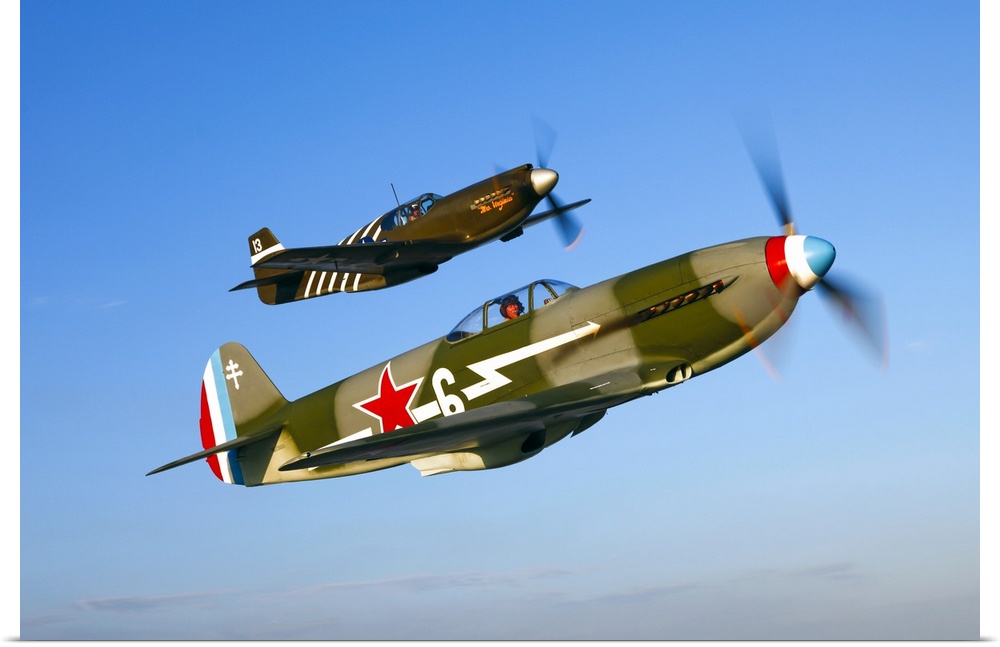 A Soviet Yakovlev Yak-3 and a P-51A Mustang in flight over Chino, California.