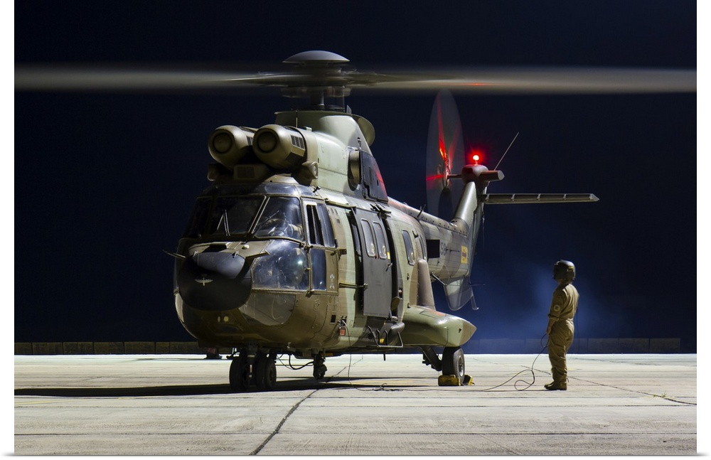 A Spanish Army AS332 Super Puma preparing to take off from Arrecife airport in the Canary Islands.