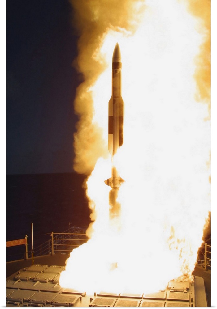 A Standard Missile Three is launched from the Mark 41 Vertical Launch System onboard USS Lake Erie.
