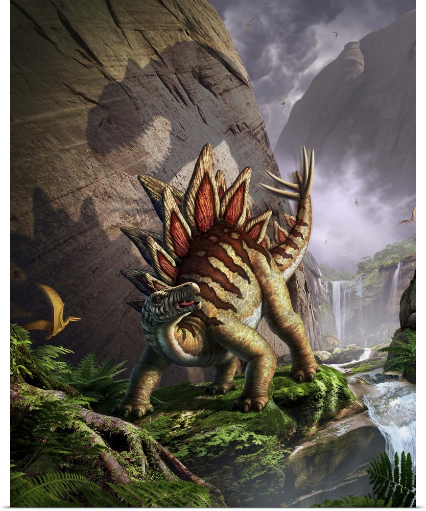 A Stegosaurus is surprised by an Allosarous while feeding in a lush gorge.