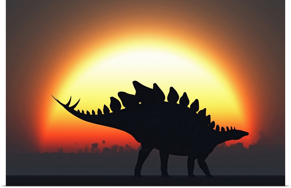 A Stegosaurus silhouetted against the setting Sun at the end of a prehistoric day.