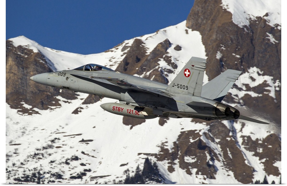 A Swiss Air Force F/A-18 Hornet takes off at its homebase Meiringen, Switzerland.
