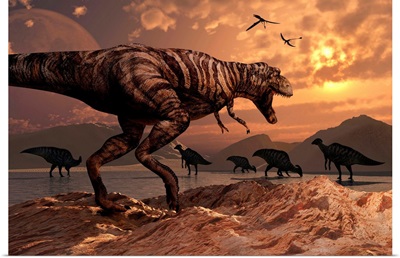 A T-Rex plans his attack on a herd of Parasaurolophus dinosaurs
