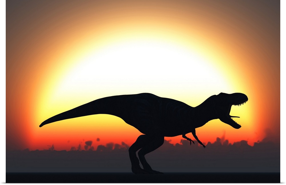 A T. Rex silhouetted against the setting Sun at the end of a prehistoric day.