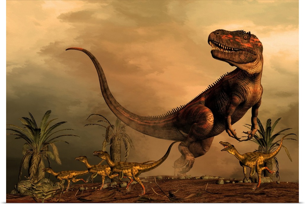 A Torvosaurus on the prowl while a group of Ornitholestes flee a hasty retreat.