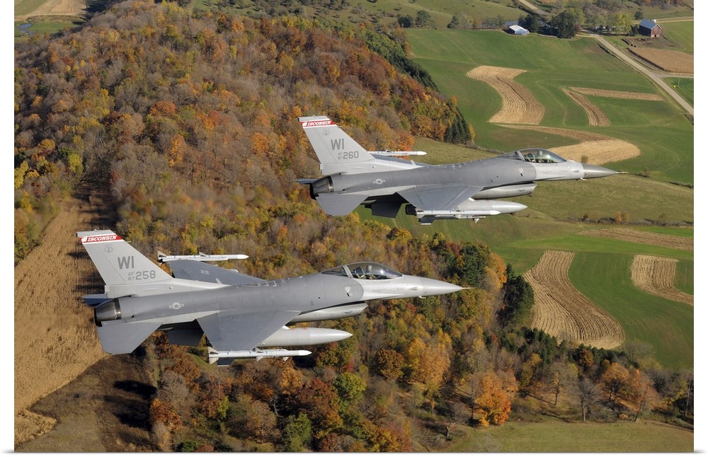 A two-ship formation of F-16 Fighting Falcons on a routine training mission.