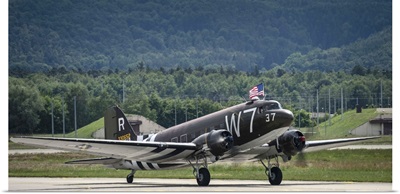 A U.S. Air Force C-47 Skytrain aircraft lands at Ramstein Air Base, Germany