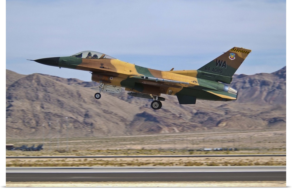 A U.S. Air Force F-16 of the 64th Agressor Squadron taking off from Nellis Air Force Base, Nevada.