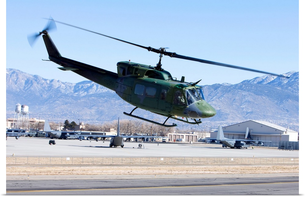 A UH-1N Twin Huey from the 512th RQS flies a training mission near Kirtland Air Force Base, New Mexico.