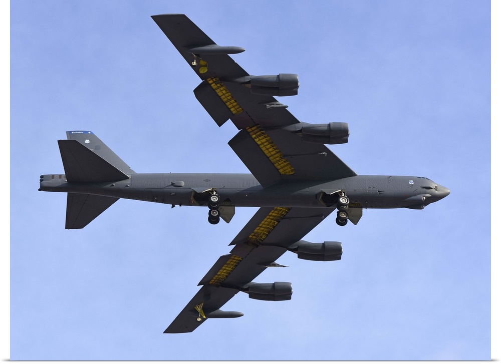A U.S. Air Force B-52G Stratofortress prepares for landing.