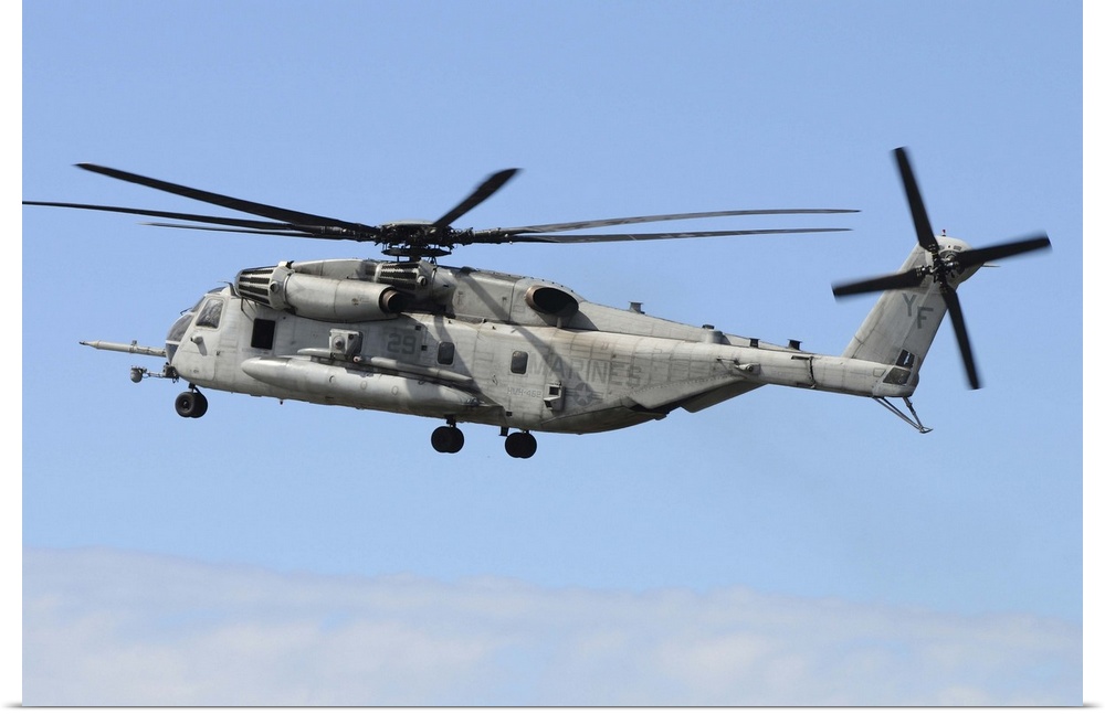 A U.S. Marine Corps CH-53E prepares for landing.