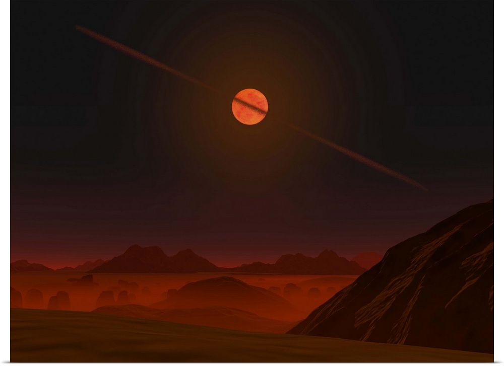 A view across a hypothetical primitive alien planet towards a brown dwarf in the sky. This brown dwarf is host to a disk c...