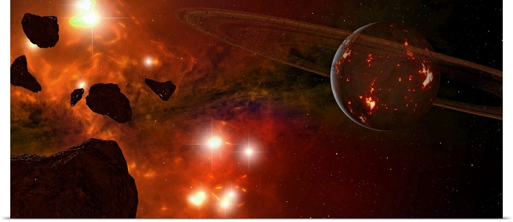 A young ringed planet with glowing lava, asteroids in the foreground, nebula in the background.
