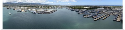 Aerial view of military ships moored at Joint Base Pearl Harbor-Hickam, Hawaii