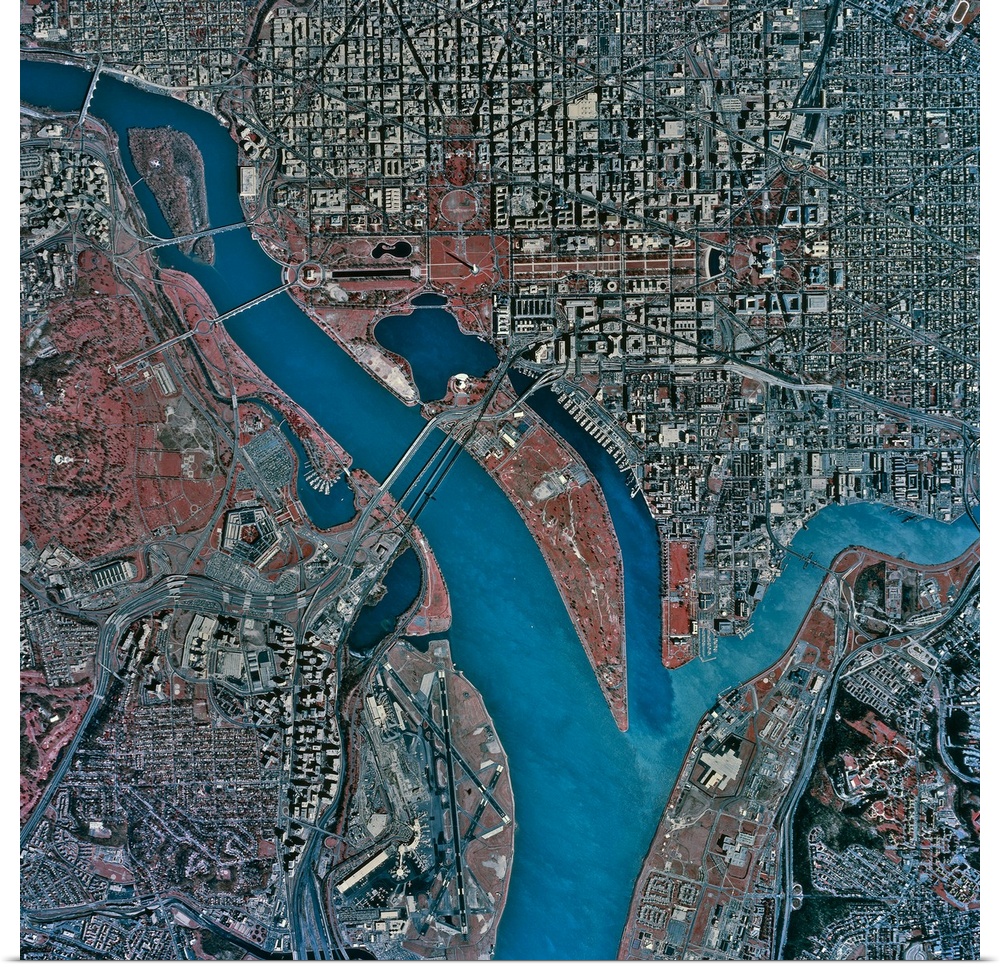 Square large wall picture of a birds eye view of Washington DC, including the Potomac River.