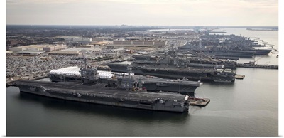 Aircraft carriers in port at Naval Station Norfolk, Virginia