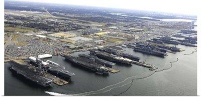 Aircraft carriers in port at Naval Station Norfolk, Virginia