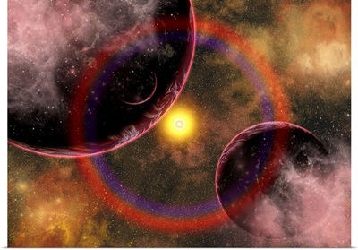 Alien planets located in a vast colorful gaseous nebula
