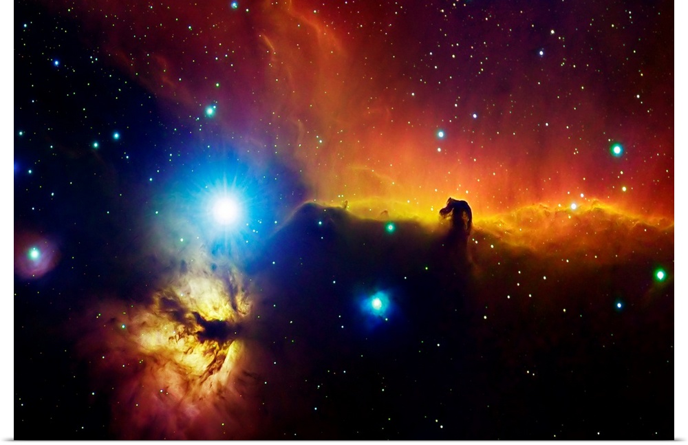 Big photograph showcases a star filled sky within the Alnitak region in Orion Flame Nebula that features Horsehead Nebula.