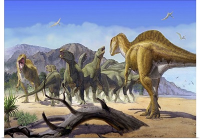 Altispinax dunkeri dinosaurs attack a group of Iguanodon
