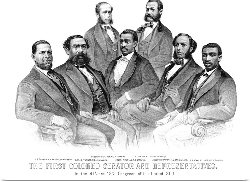 Vintage American History print featuring the first African American Senator and Representatives in the 41st and 42nd Congr...