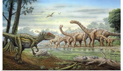 An Allosaurus Stalking A Herd Of Camarasaurus Dinosaurs Grazing At The Water's Edge