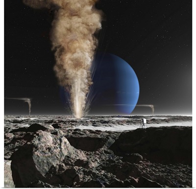 An astronaut observes the ruption of one of Tritons giant cryogeysers