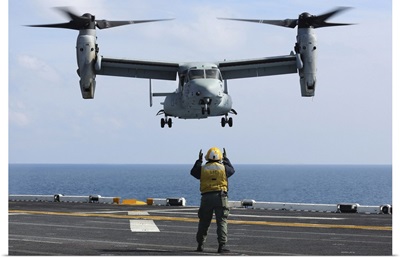 An aviation boatswain's mate directs the landing of an MV-22 Osprey