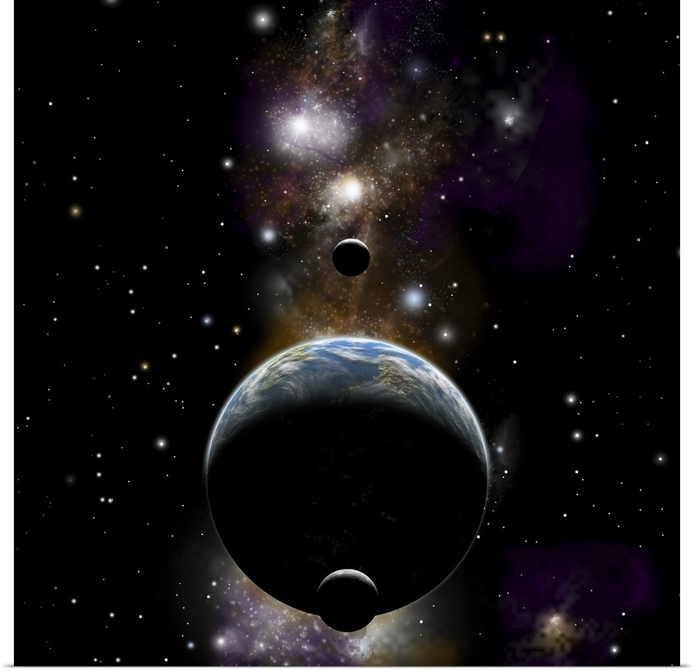 An Earth type world with two moons against a background of nebula and stars.