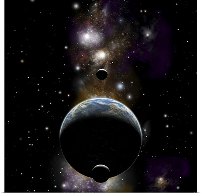 An Earth type world with two moons against a background of nebula and stars