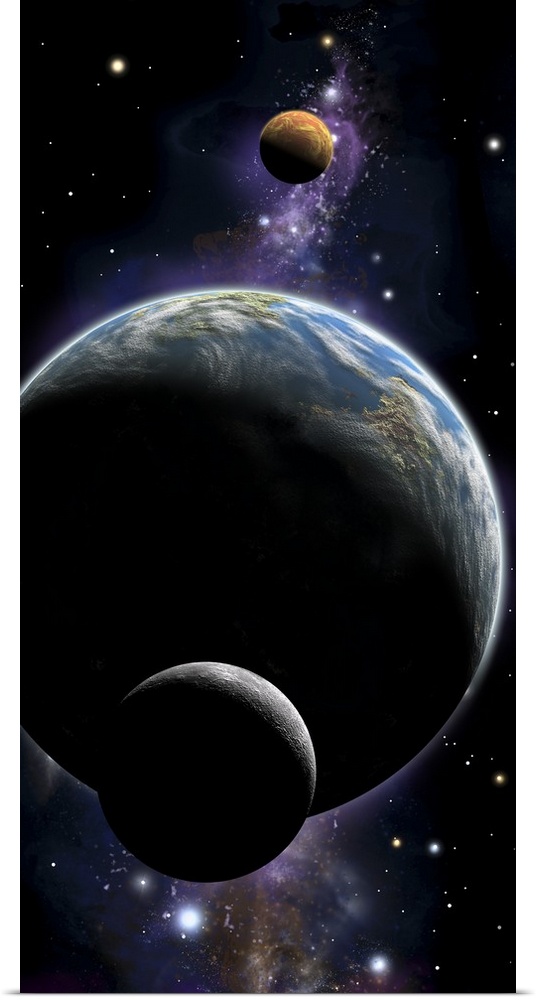 An artist's depiction of an Earth type world with two orbiting moons.